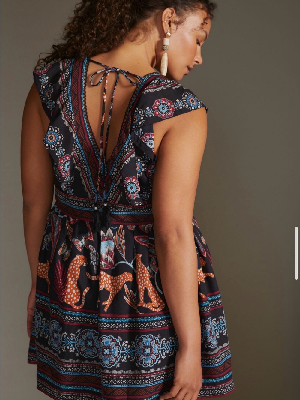 Anthropologie NWT XL Animal Print Boho Mini Dress Pockets Cheetah Birds Tassel - Picture 4 of 12